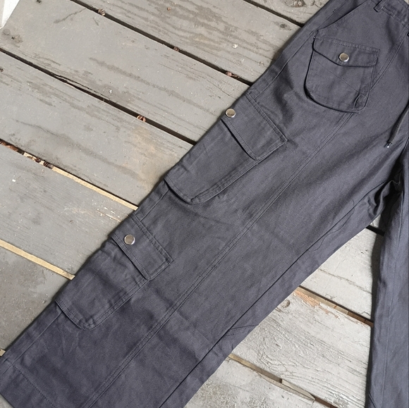 Black Wide Leg Cargo Mid-weight Denim Drawstring Snap Buttons Pants 9 Pockets - Picture 3 of 5